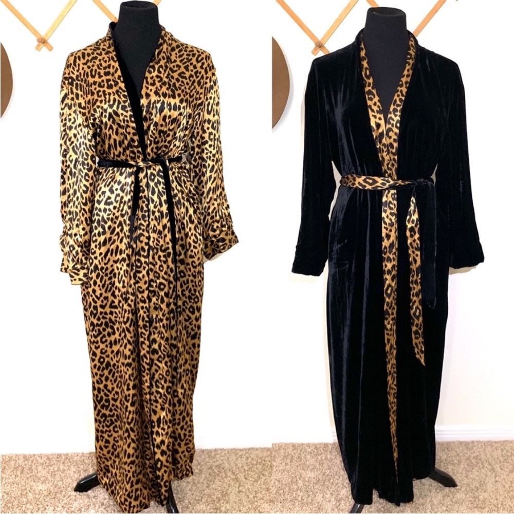 Victoria's Secret SILK Leopard Print and Black Velvet Robe Set